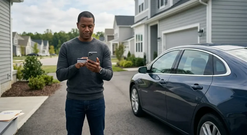 A man holding a credit card and smartphone outside near his vehicle while comparing car insurance quotes online.