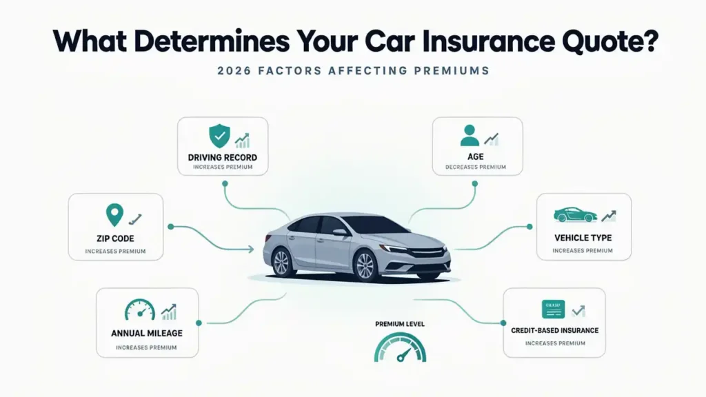 Infographic explaining key factors that determine car insurance quotes, including ZIP code, driving record, age, and vehicle type.
