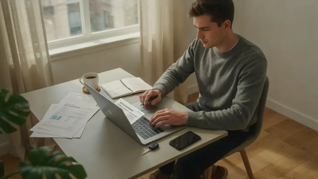 A man sitting at a desk studying policy documents and a laptop to find affordable car insurance quotes.